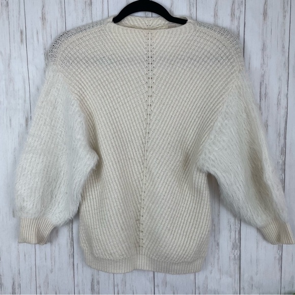 Anthropologie Knitted & Knotted Fuzzy Sleeve Knit Wool Blend Sweater Ivory Cream - Picture 4 of 8